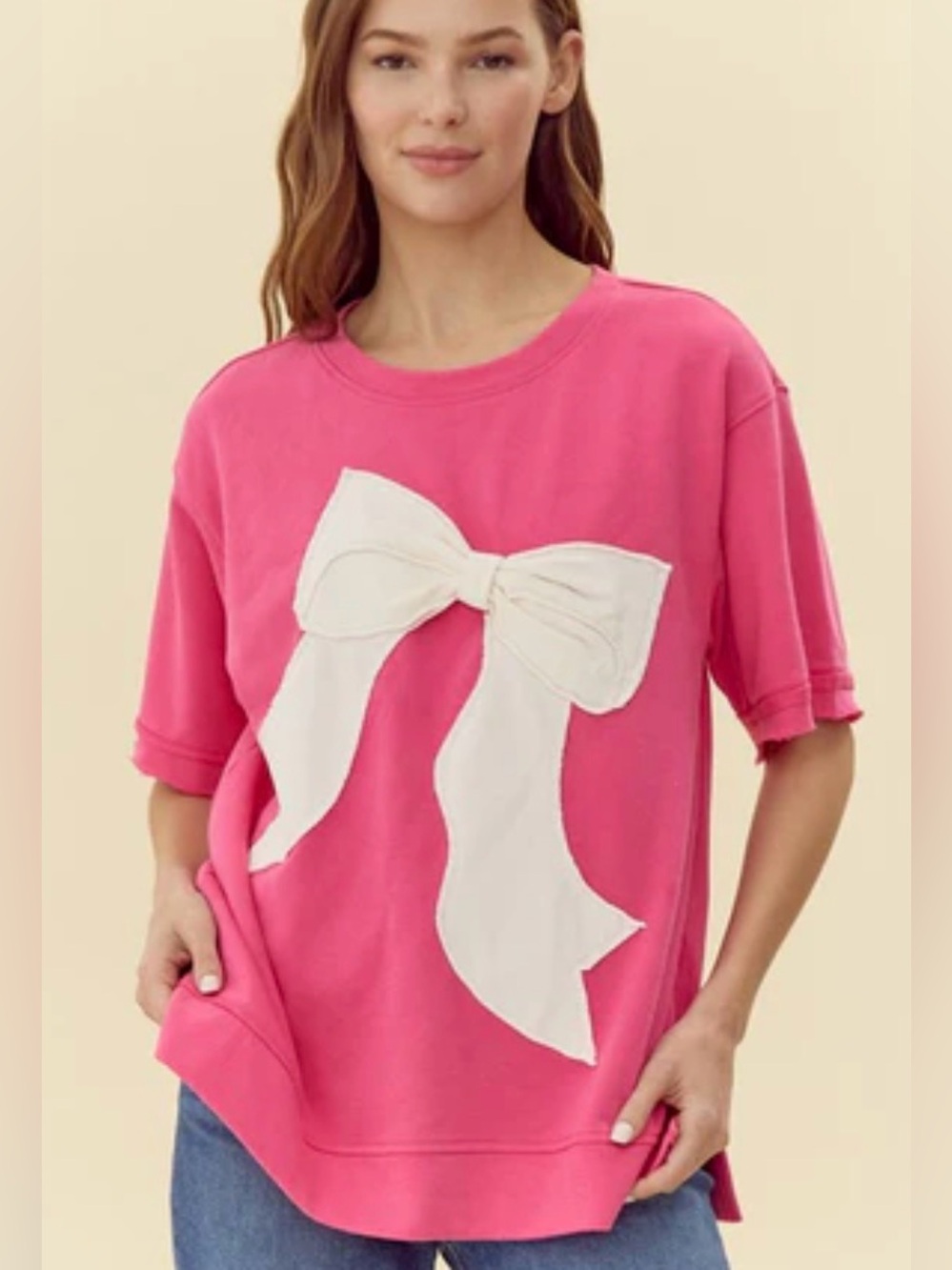 Jodifl size medium Pink Short-Sleeve Sweatshirt Top with White Bow Applique